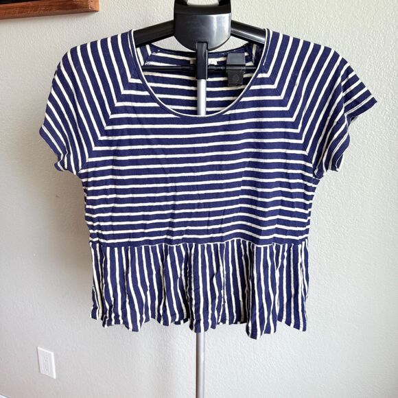 Madewell Linen Cotton Blend Striped Nautical Peplum Waist T Shirt Womens Size M - Picture 2 of 5